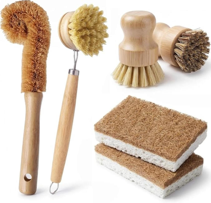 Substrate Coconut Fiber - 6個入り竹製食器洗いブラシセット - キッチン掃除ブラシキット（調理器具用ブラシ4本とココナッツ繊維食器洗いスポンジ2本付き）、Pの掃除用
